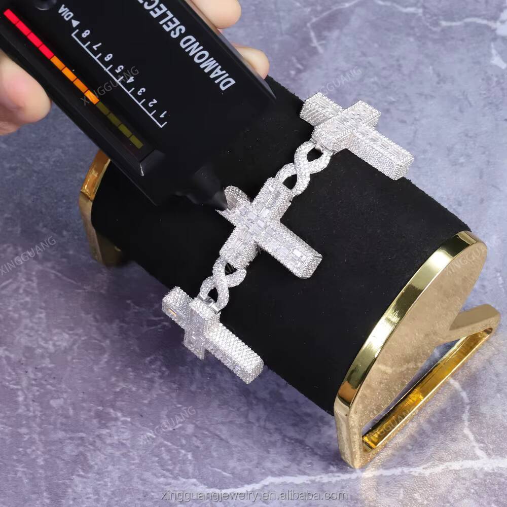 Fashion Cross Design S925 Silver Moissanite Bracelet Hip Hop Jewelry VVS Baguette Moissanite Diamond Cross Cuban Bracelet