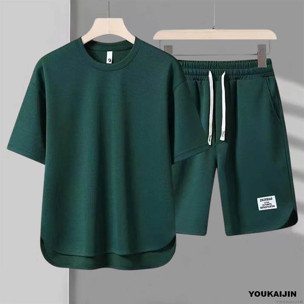 Mens Waffle Summer Suit 2025 Korean Casual T-shirt Shorts Suit Mens Tracksuit Solid Color Tracksuit Loose Suit 250805