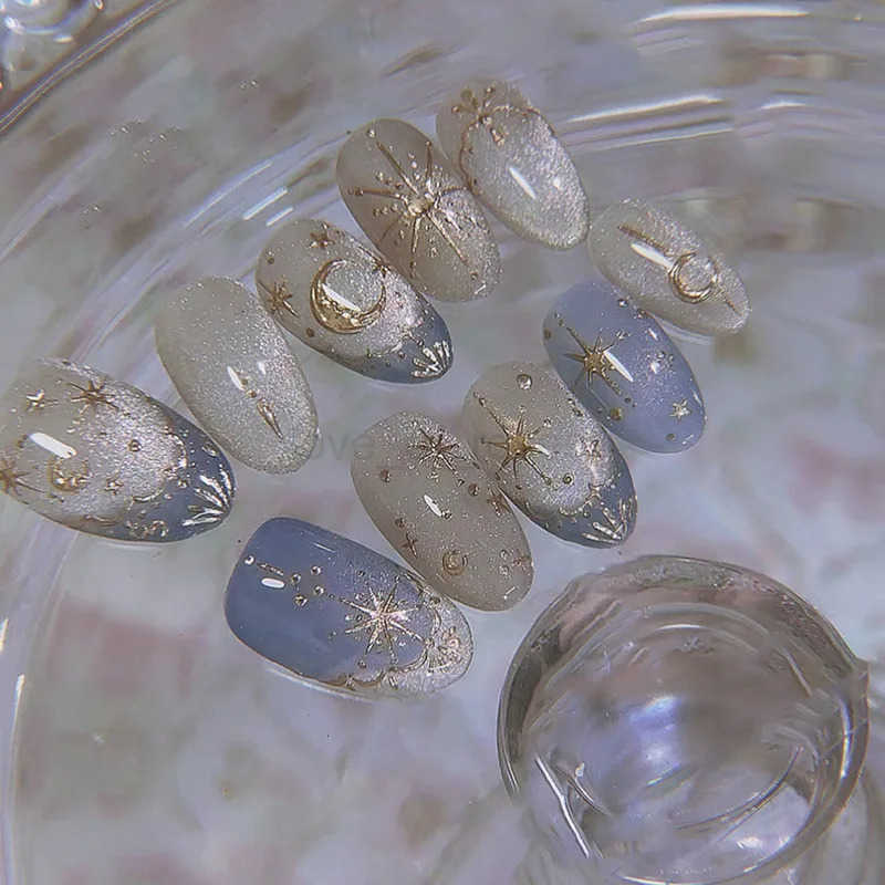 24pcs Romantic Y2k Star Press On Nails Gradient Blue French Style Gold Moon Designs Fake Nails Sweet Almond False Nails For Women Z250806