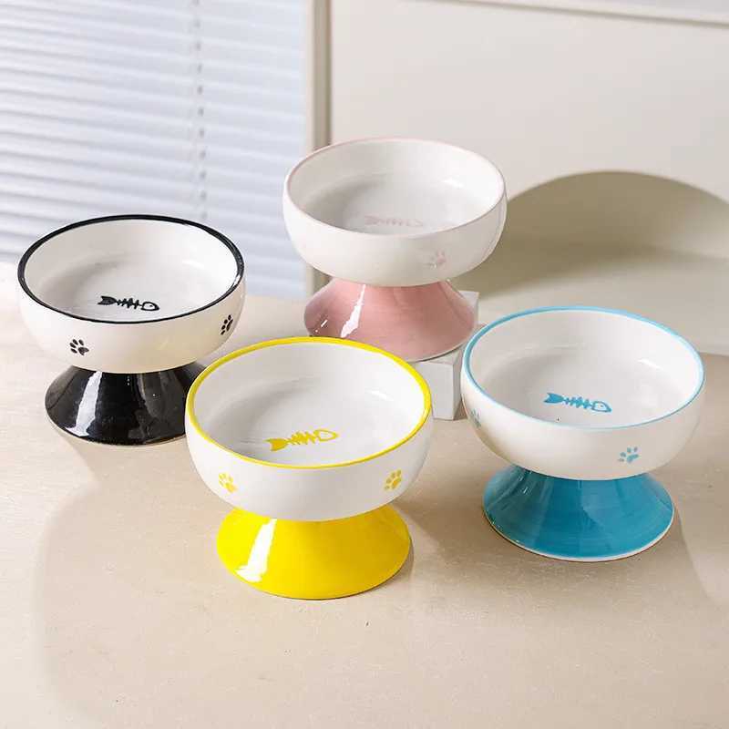 Cat Ceramic Bowl Elevated Pet Food Water Bowls Raised Small Dogs Tilted Drinking Eating Feeders Puppy Cats Accessories Y250806