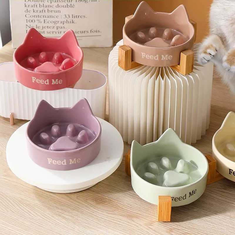 Creative Ceramic Anti-Choking Slow Eating Dog And Cat Bowl with Wooden Frame Large Bore Dogs Food Bowls Pet Supplies 1Pc Y250806