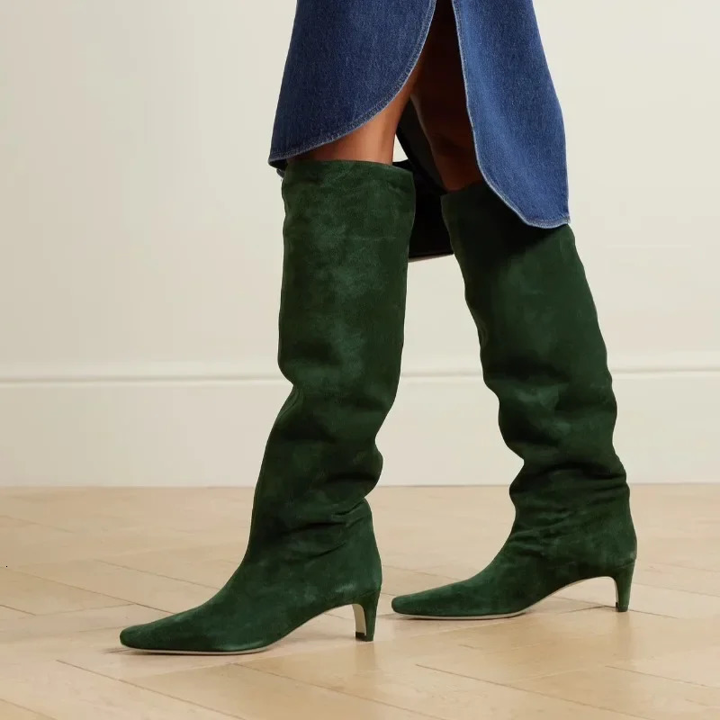 Autumn Winter Square Toe Low Heeled Suede Long Boots European and American Fashion Black Brown Minimalist Knee High Boots 250804