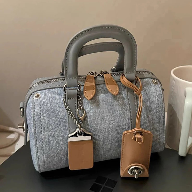 French Hand Boston Bag Women Advanced Denim Shoulder Crossbody Makeup Pillow 250805
