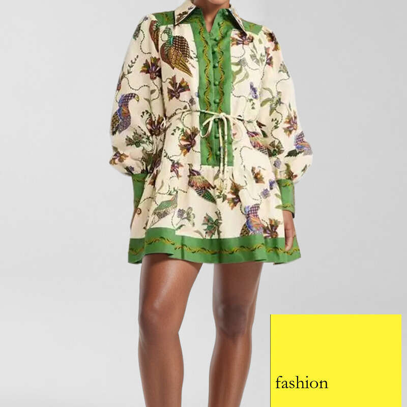 New Women's Clothing Lace-Up Printed Turn-Down Collar Long Sleeve Pleated Dress B5 h7