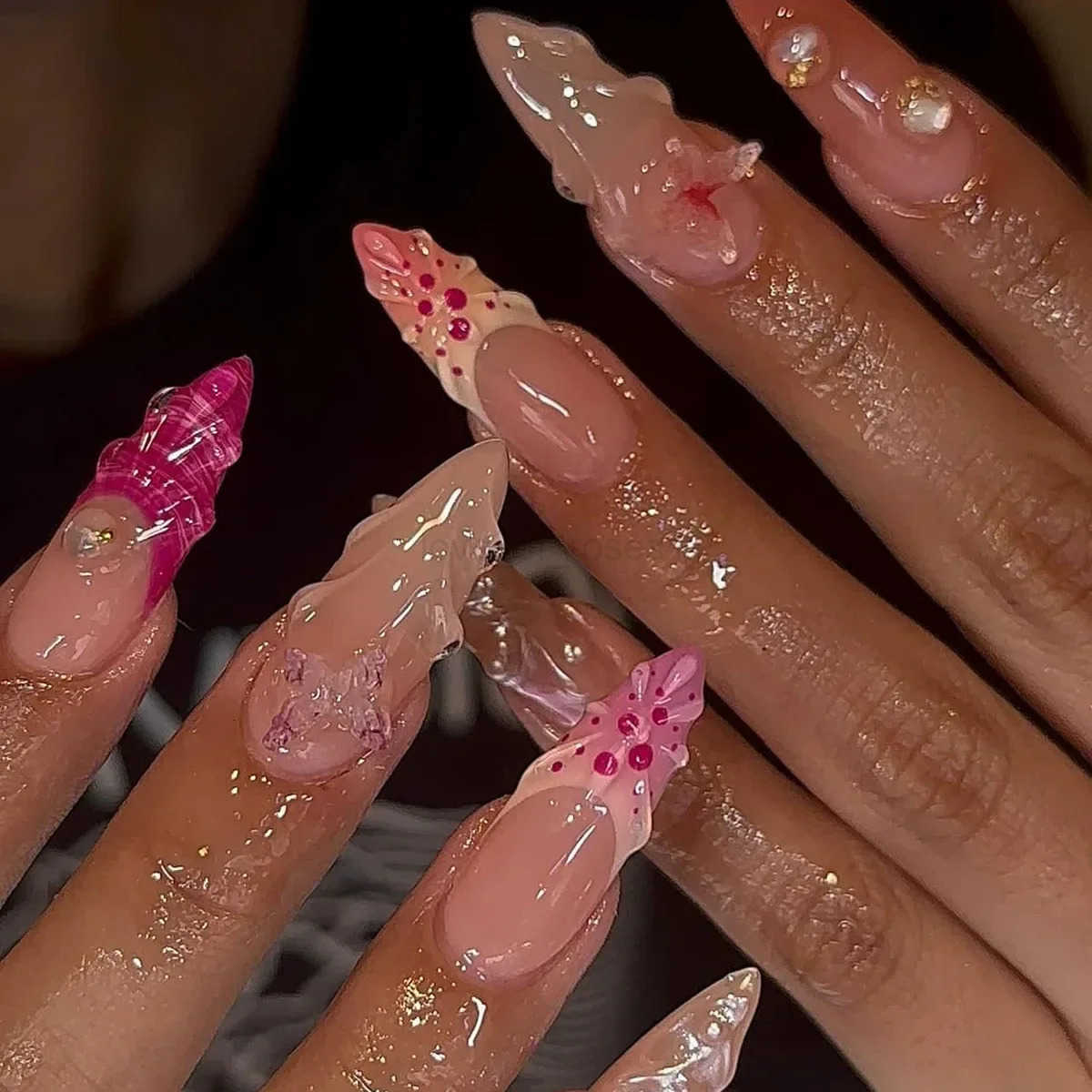 24Pcs Kawaii Handmade Press-on Nails with Glue Full Cover Sea Shell Ballerina Fake Nails 3D French Wearable Artificial Nail Tips Z250807