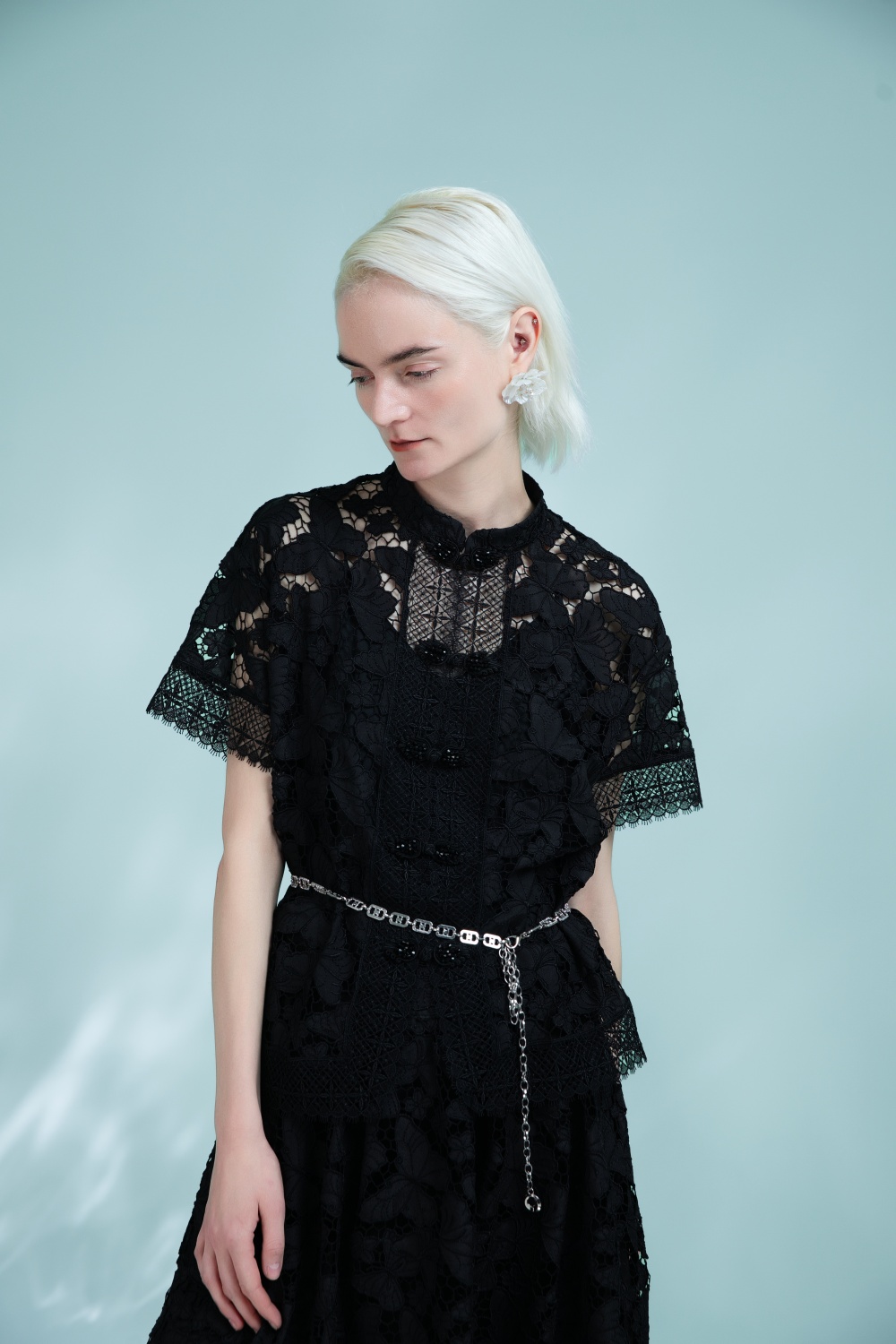 Women Short Sleeves Lace Blouse Mesh See Through Loose Shirts Stand Neck Summer Tops 6112534