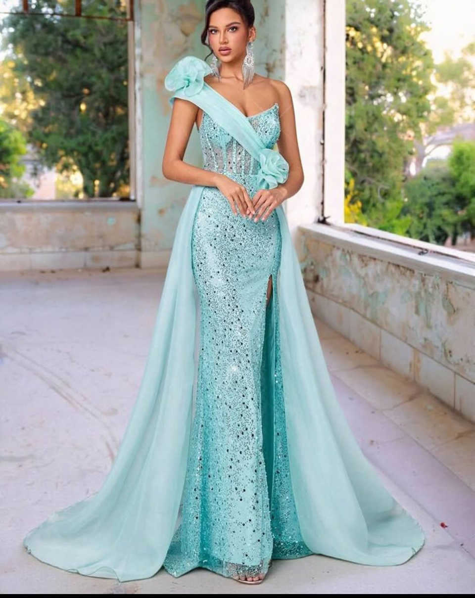 Trendy Mermaid Evening Dress Sleeveless One-Shoulder Handmade Flowers Sequins Crystal Prom Dress Customized