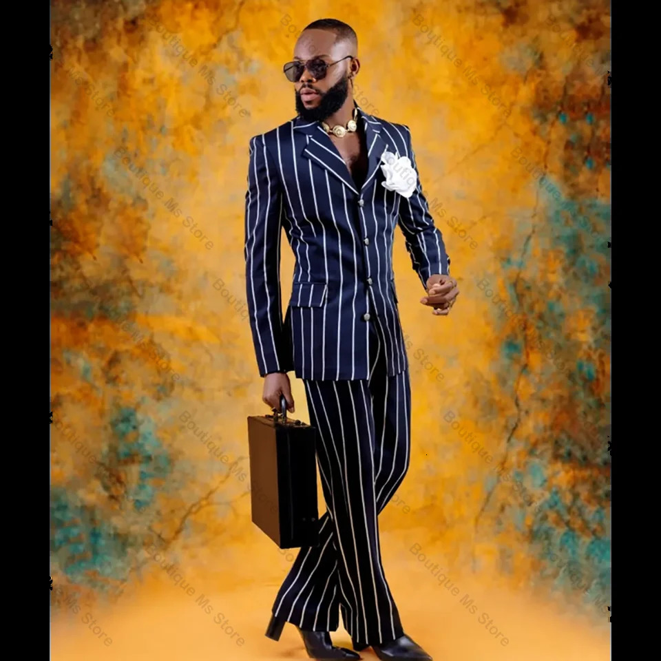Fashion Navy Blue Stripe Single Breasted Men Suit Two PiecesJacketPants Outfits Casual Party Prom Wedding Set 250807