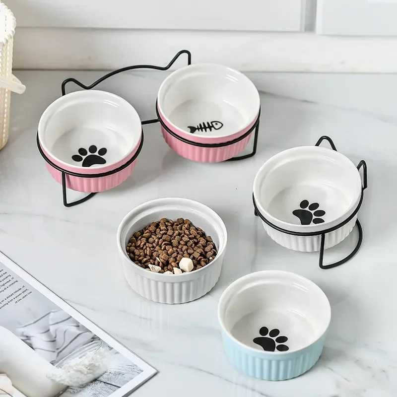 Double Ceramic Pet Bowls with Iron Frame Anti-slip Dog Cat Feeding Bowls Food Water Dishes Dog Accessories Y250806