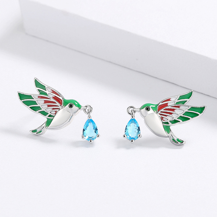 Silver Tone Enamel Hummingbird Drop Earrings With Blue Teardrop Gem Accents Nature-Inspired And Colorful Outfit Accessory Gift For Her Vivid And Delic