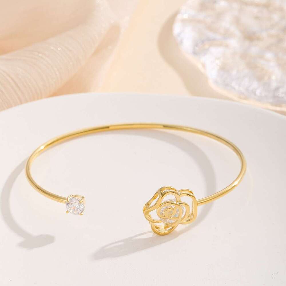 Versatile Style Women's with Rose Flower, Copper Inlaid Zirconia Adjustable Open Bracelet