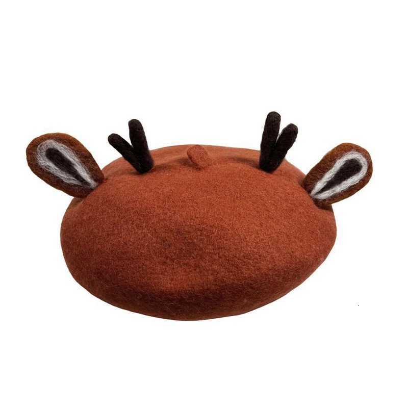 Child Women Handmade Cute Elk Horn Ear Family Beret Hat Deer Antlers Kids Girls Wool Felt Painter Hat XJ250807