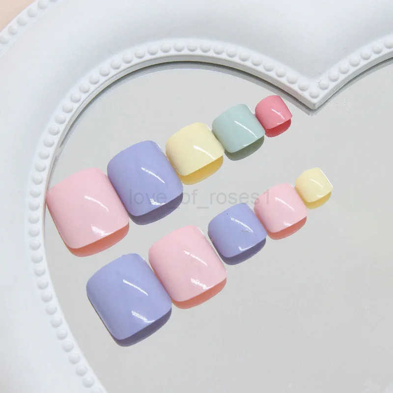 24pcs Summer Color False Toenails Purple Pink Sweet Korean Fake Toe Nails Wearable Detachable Square Head Press-on Toenails Z250807