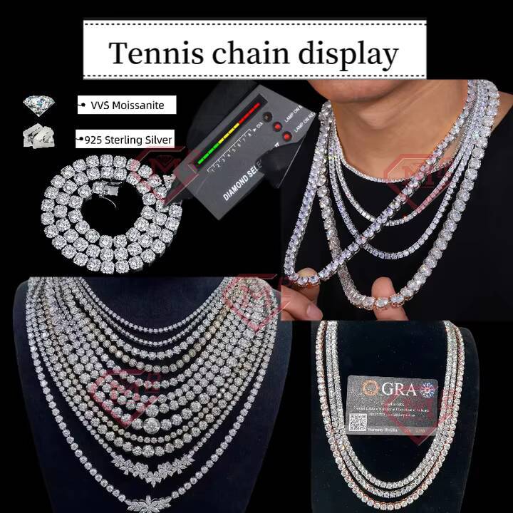 Mens 925 Silver Iced VVS Moissanite Diamond Necklace Hip Hop Cuban Link Tennis Chain Jewelry Gift Box for Europe US
