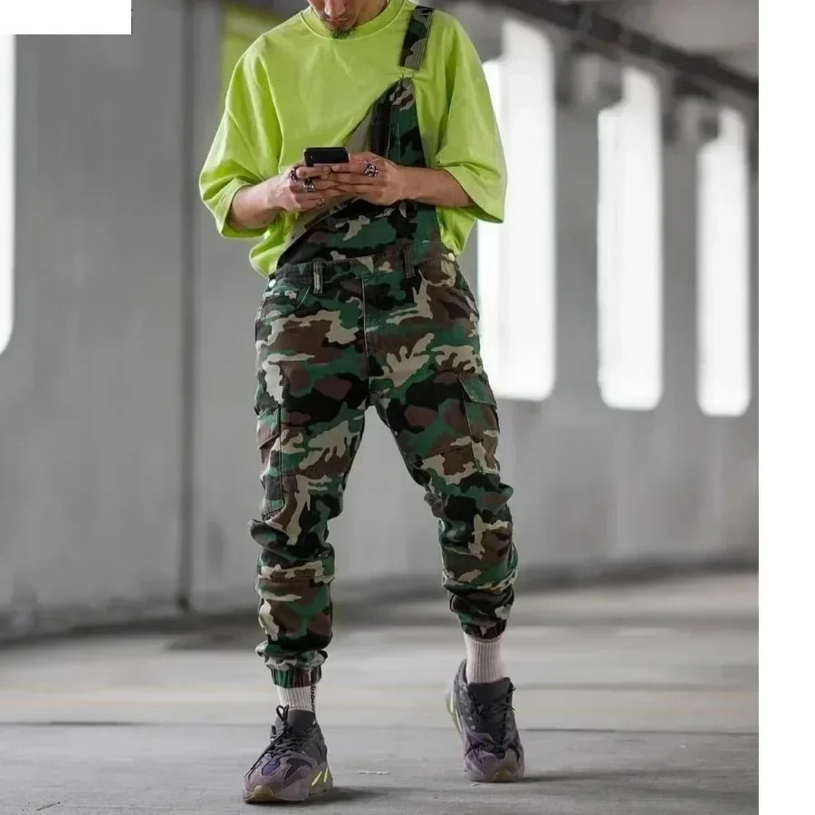 Mens Camouflage Strap Long Pants Overalls Cross Button Man Casual Jeans Jumpsuit Denim Cargo Male 250804