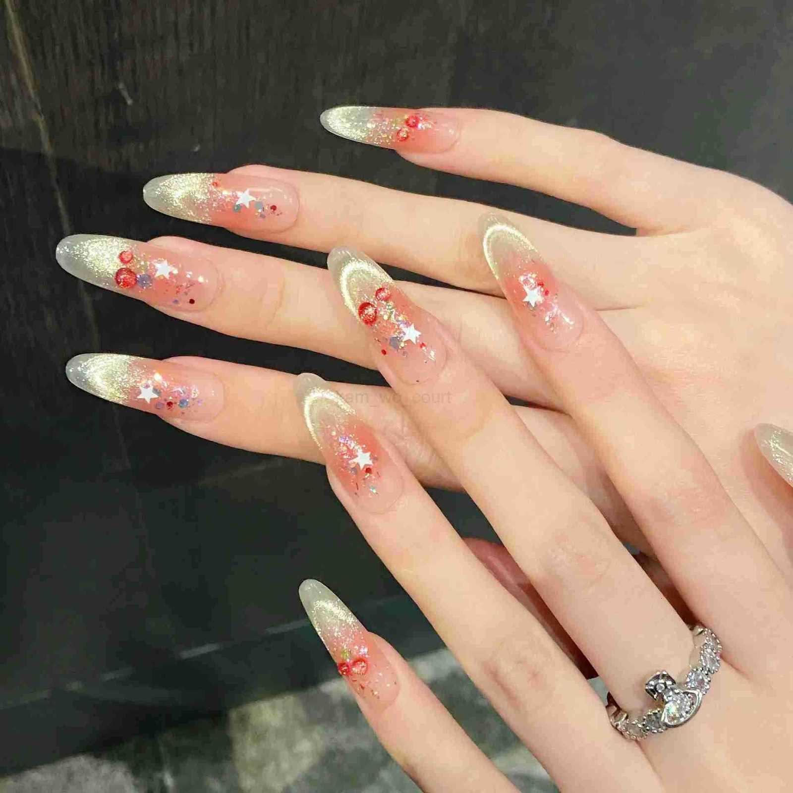10pcs Sweet Cherry Press On Nails For Women Girls Shiny Smile Cats Eye Y2k Star Handmade Fake Nails Gentle Blush False Nails M250807