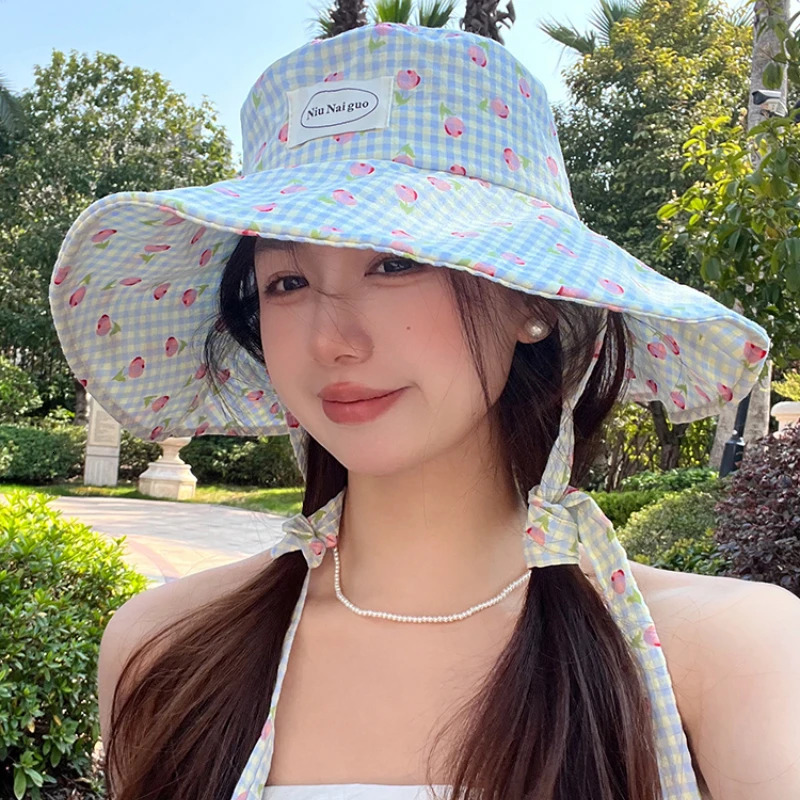Ins Fresh Plaid Print Long Streamer Sun Hat Spring and Summer Outdoor Travel Leisure Sunscreen Large Brim Bucket Caps 250805