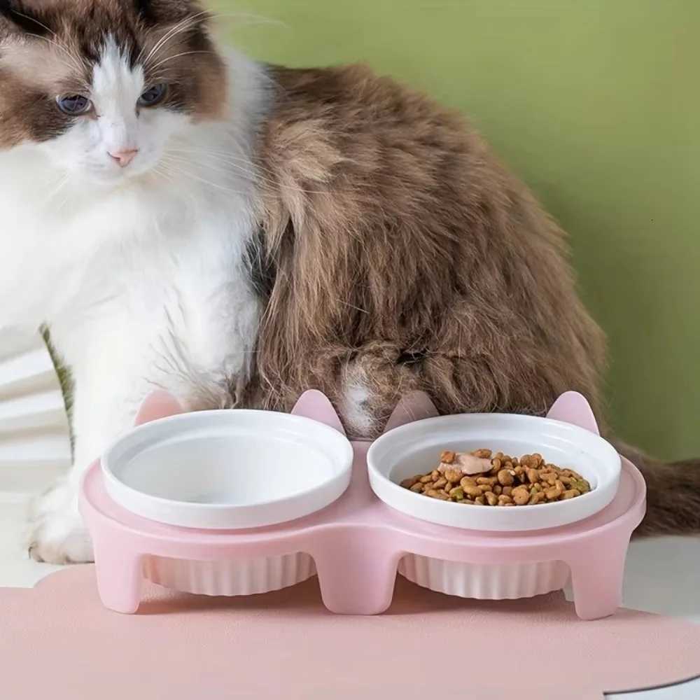 Colorful Cat Bowl Double Bowl Ceramic Pet Feeding Bowl Cervical Protection High Foot Diagonal Cat Food Pot For Drinking Feeding Y250806