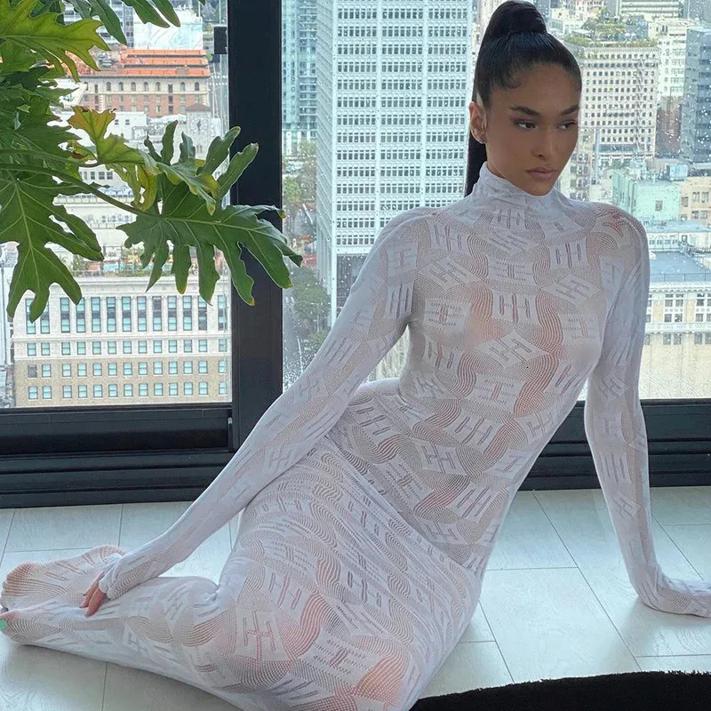 See Through Long Dress Women Sexy Long Sleeves Dresses Body-shaping Vestido Female Party Night Club Clothing Black White Dresses 250728