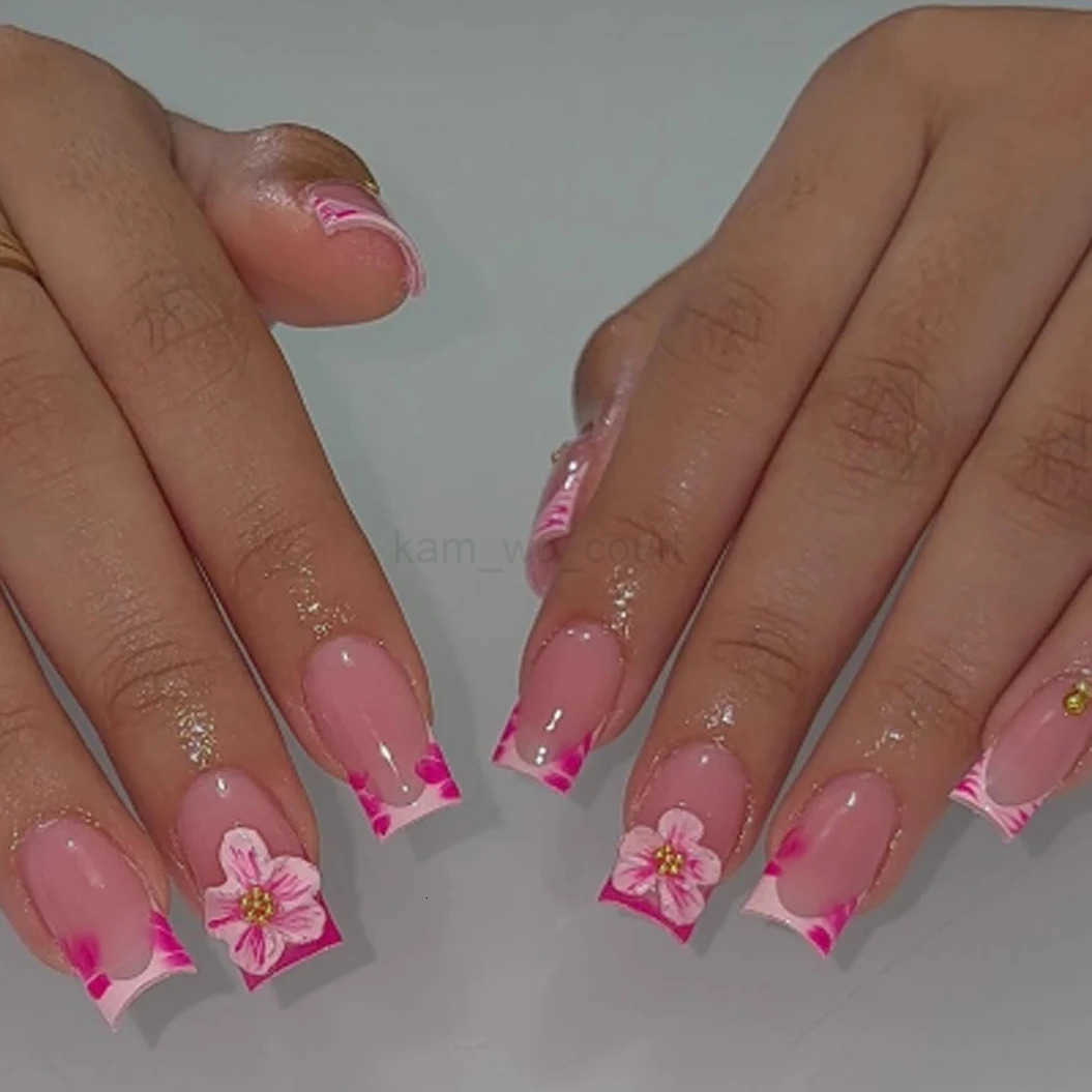 Rose Red Flower Snake Pattern Square False Nails Art Butterfly Pearl Fake Nails Rhinestones Press-on Nails Charms Manicure Tools M250807