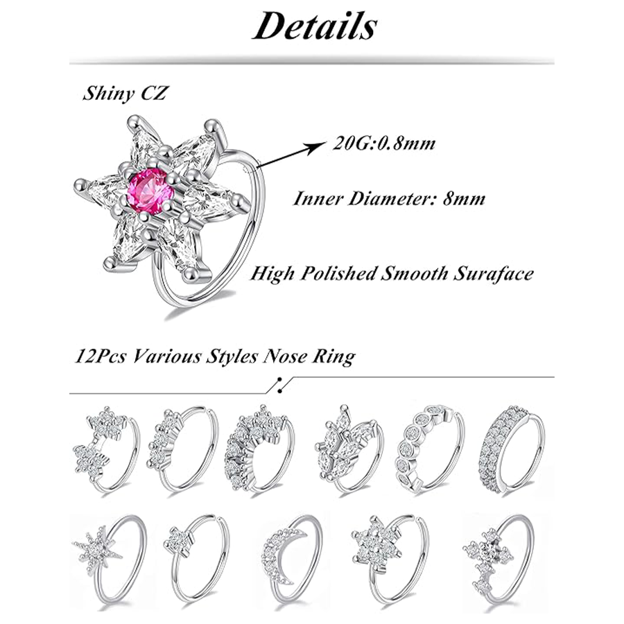 10Pcs Nose Ring Hoop Paved Flower Leaf Butterfly Feather CZ Cartilage Earrings Nose Piercing Jewelry for Women Men Silver Tone 20G
