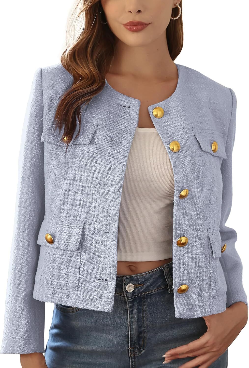 Women Tweed Jacket Cropped Blazers Spring Summer Elegant Round Neck Pockets Business Casual Outfit