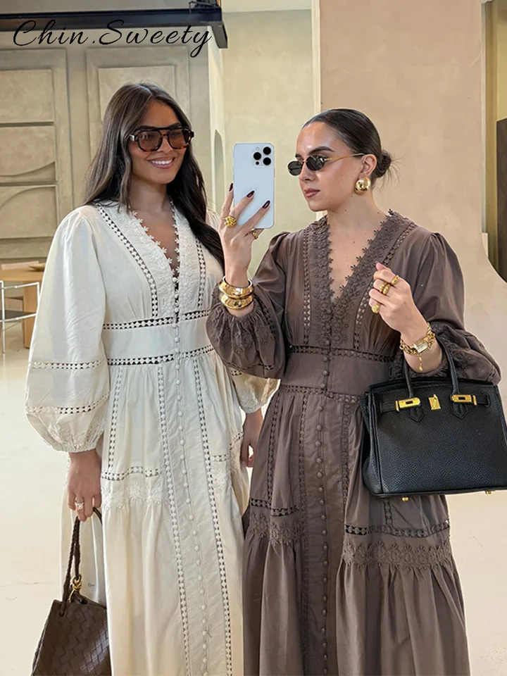 Casual Hollow Out Embroidery Pleated Long Dress Women V-neck Lantern Sleeve Single Breasted Dresses Summer Lady Chic Robes 250805