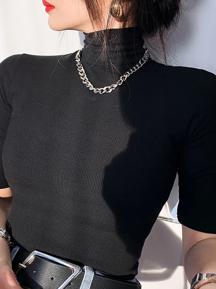 Basic T Shirt Women Turtleneck Slim Tshirt Short Sleeve Tshirts Female Casual Elasticity White Tee Femme Woman Top 250729