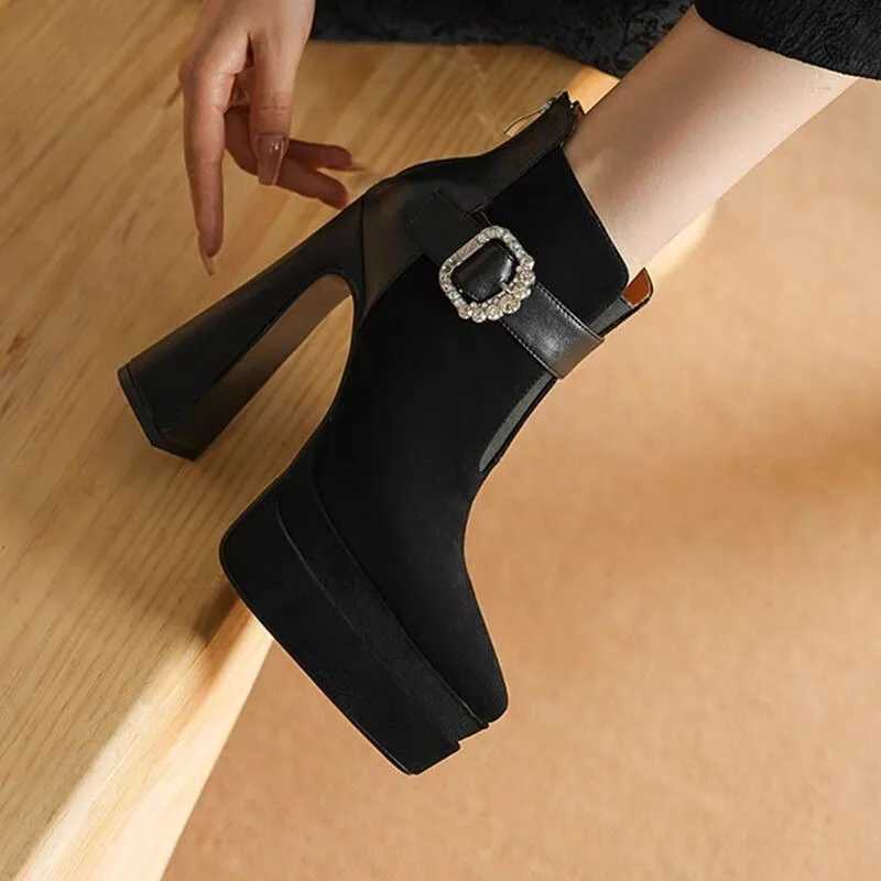 2025 Trend Luxury Brand Chunky Chelsea Snow Boots with Crystal Platform Pointed Toe Women Ankle Boots Super High Heels Pumps XJ250807