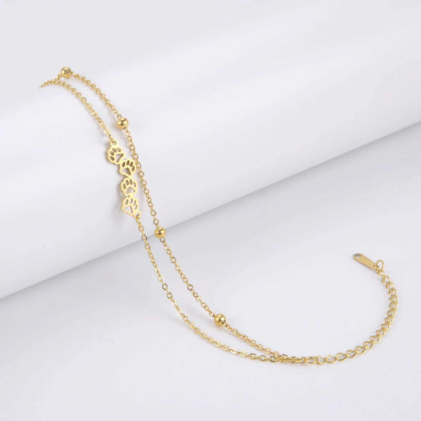 Kkjoy Fashion Cute Stainless Steel Gold Color Hollow Cat Dog Paw Anklet For Women Female Animal Charm Jewelry Gift Y250805