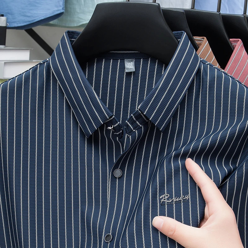 Original High End Mens Polo Shirt Lapel Short Sleeve Summer Striped No Trace Top Business Leisure Versatile Menswear 250807