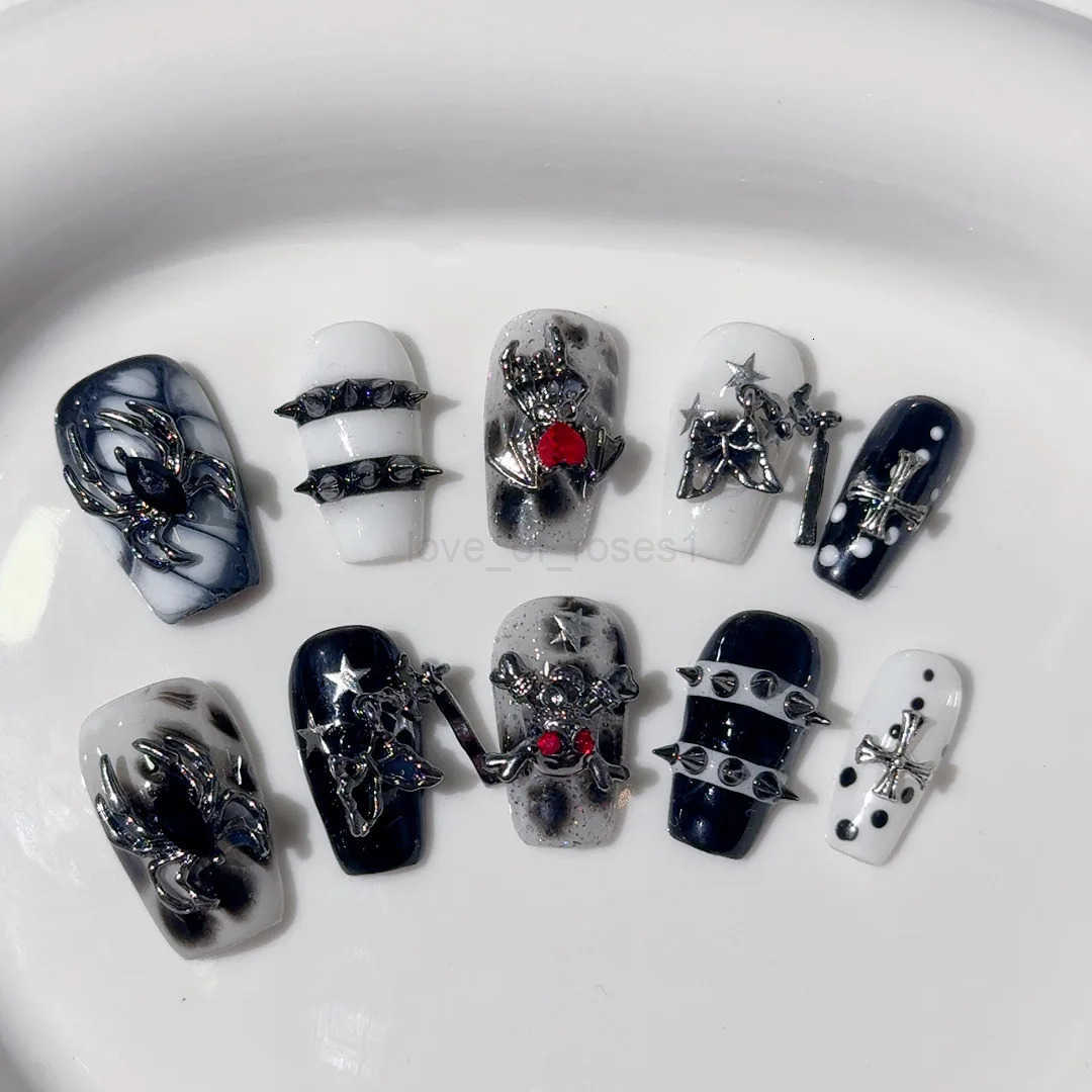 10pcs Handmade Gothic Press on Nails Halloween Design Fake Nail Tips Wearable European Heavy Metal Y2k False Nails Z250807