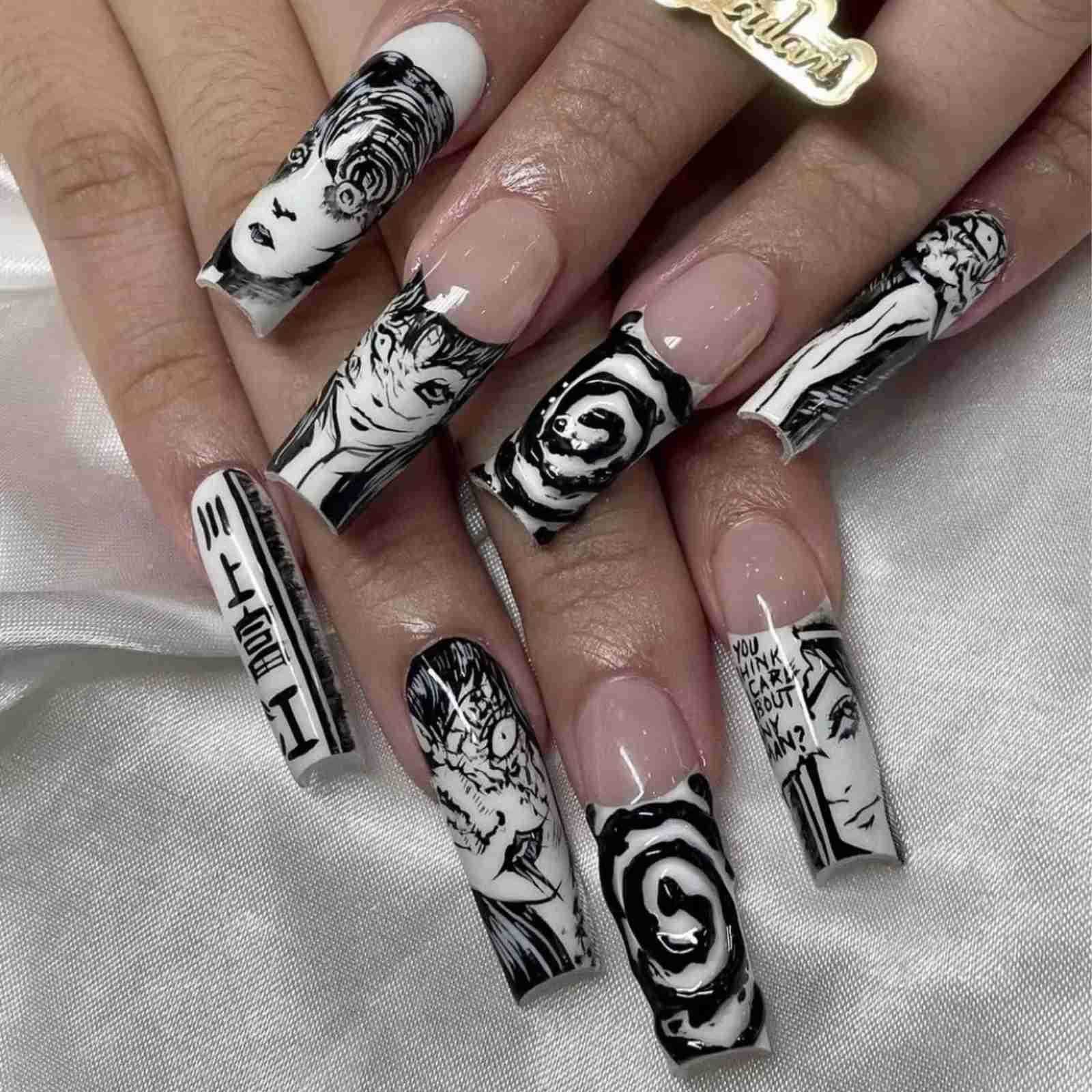 24PCS/Set Almond Pointed Kawakami Tomie Press-on Nails Wearable Artificial Advanced Japanese Comics Pattern Fake Nails for Women Z250807