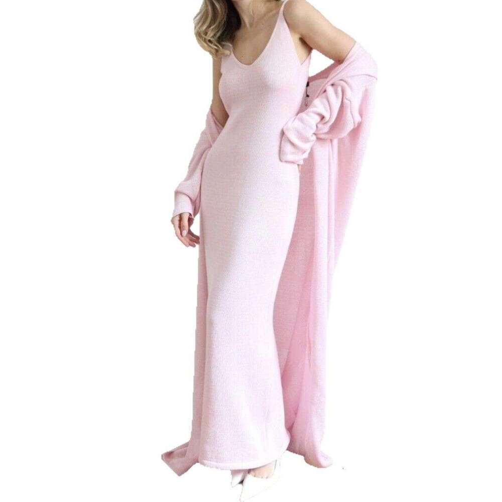 Hollow Out Vest Dress + Long Sleeve Cardigan Set For Women Soft Knitted Cover-Up B5 h7