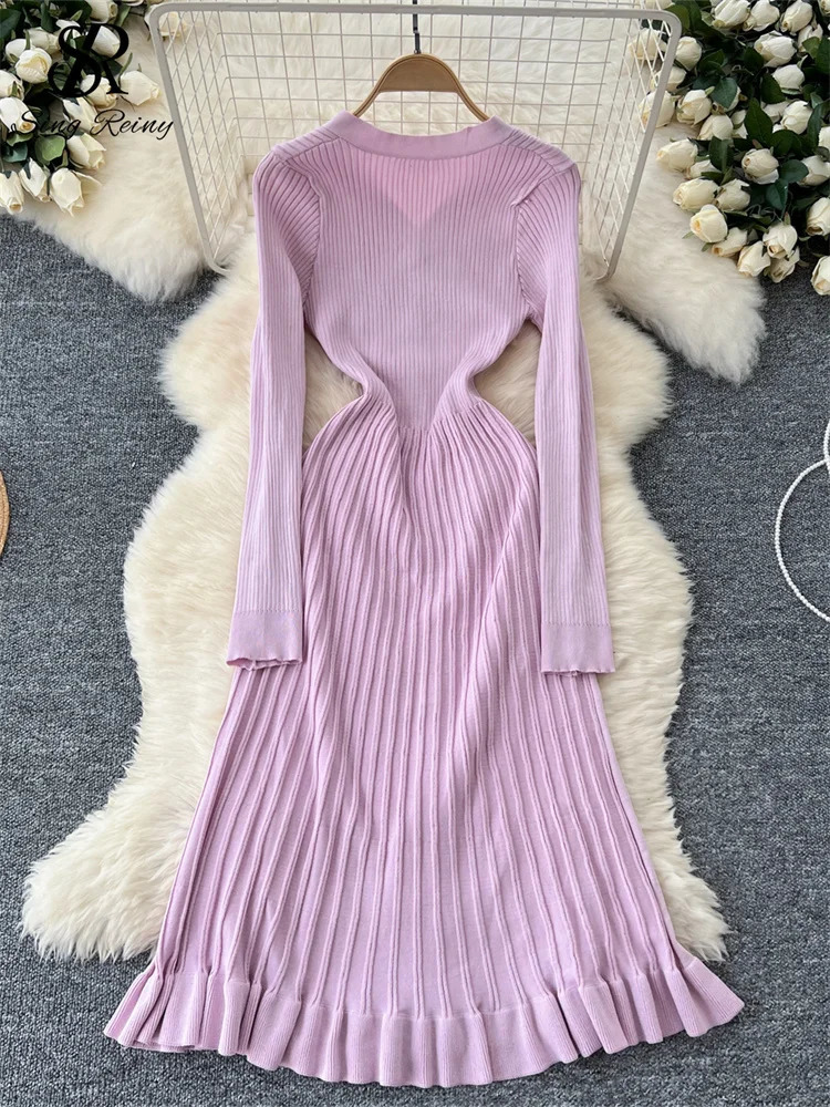 SINGREINY Autumn Knitting Sweater Dress Ladies V-Neck Single Breasted Full Sleeve Soft Slim Senior Knitted Casual Long Dress 250806