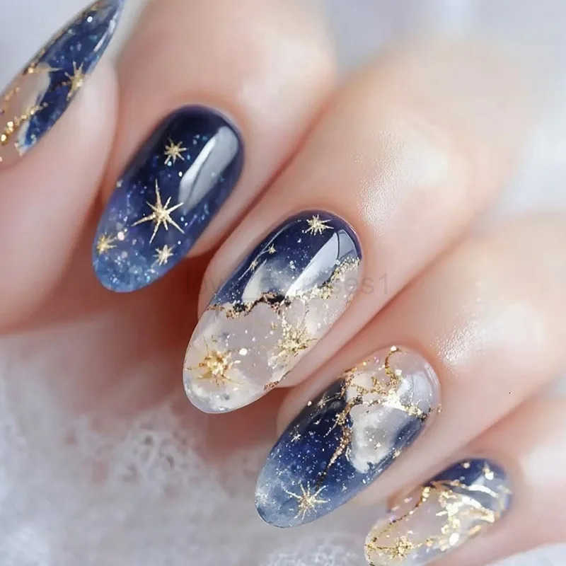 Medium Fake Nails For Women Girls Gradient Blue Pink Starry Sky Star Moon Y2K Design Almond Nail Tips Press On False Nail Set Z250806