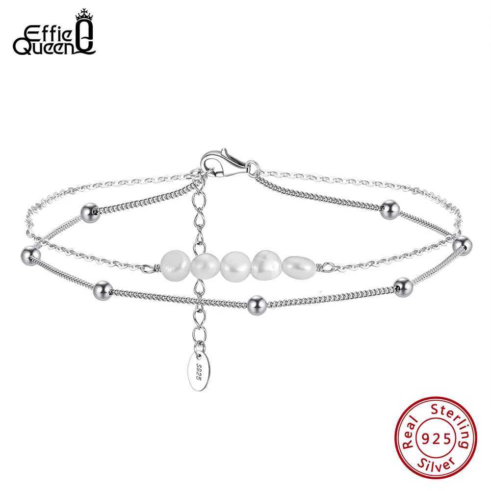 Effie Queen 2 Layered Diamond-Cut Cuban Link Chain Anklet 925 Sterling Silver Freshwater Pearls Anklets For Women Jewelry SA50 Y250805