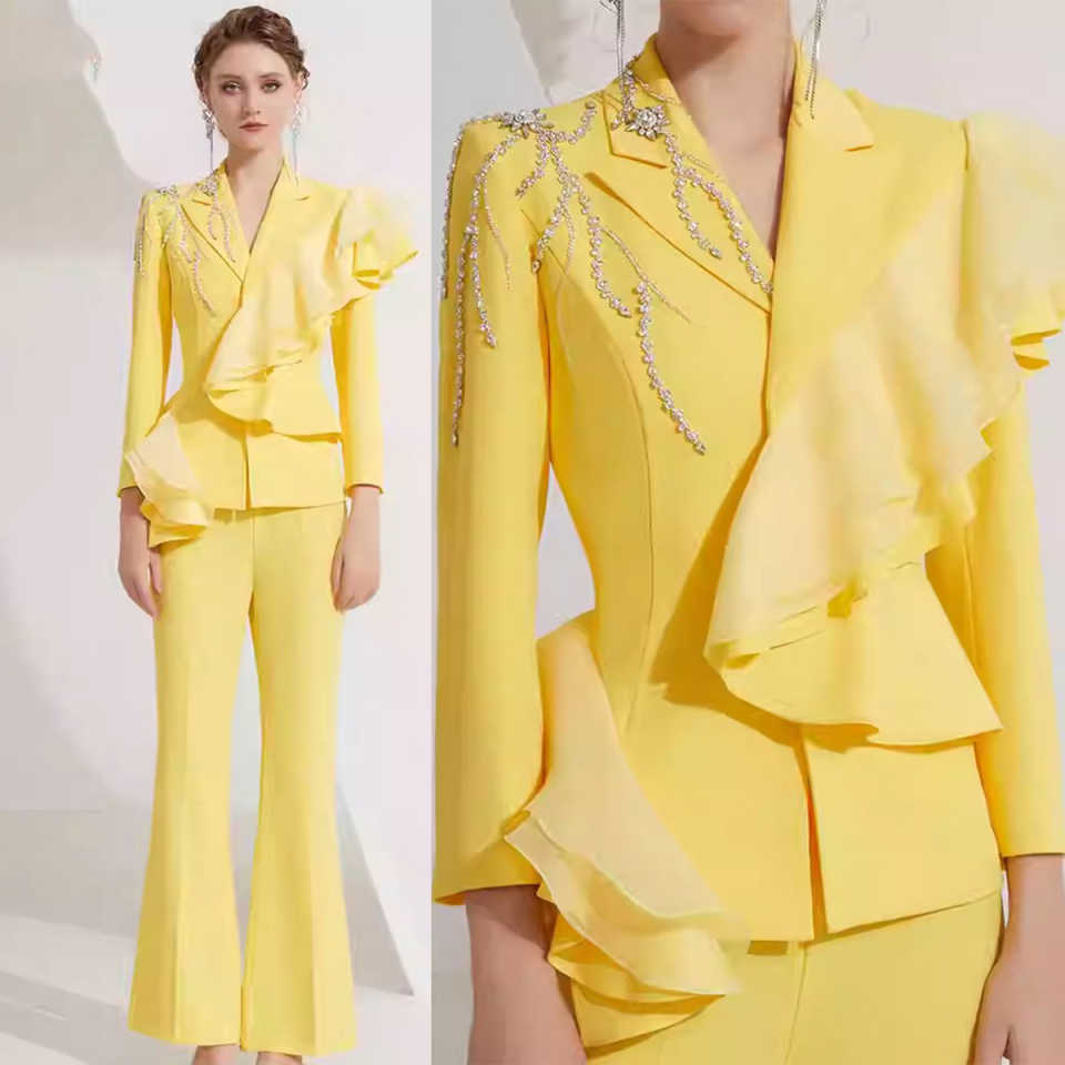 New Design Customized Elegant 2 Pieces Women Suits Crystal Ruffles Pants Blazers Office Ladies Work Slim Fit Evening Party Outfits