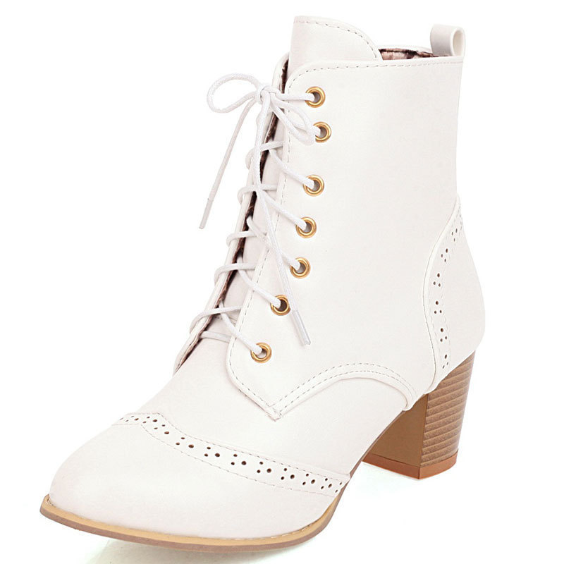 Women's Retro Chunky Heel Lace Up Ankle Boots Pointed Toe Gothic Engraved Martin Boots (White, Light Brown, Black, Dark Brown)