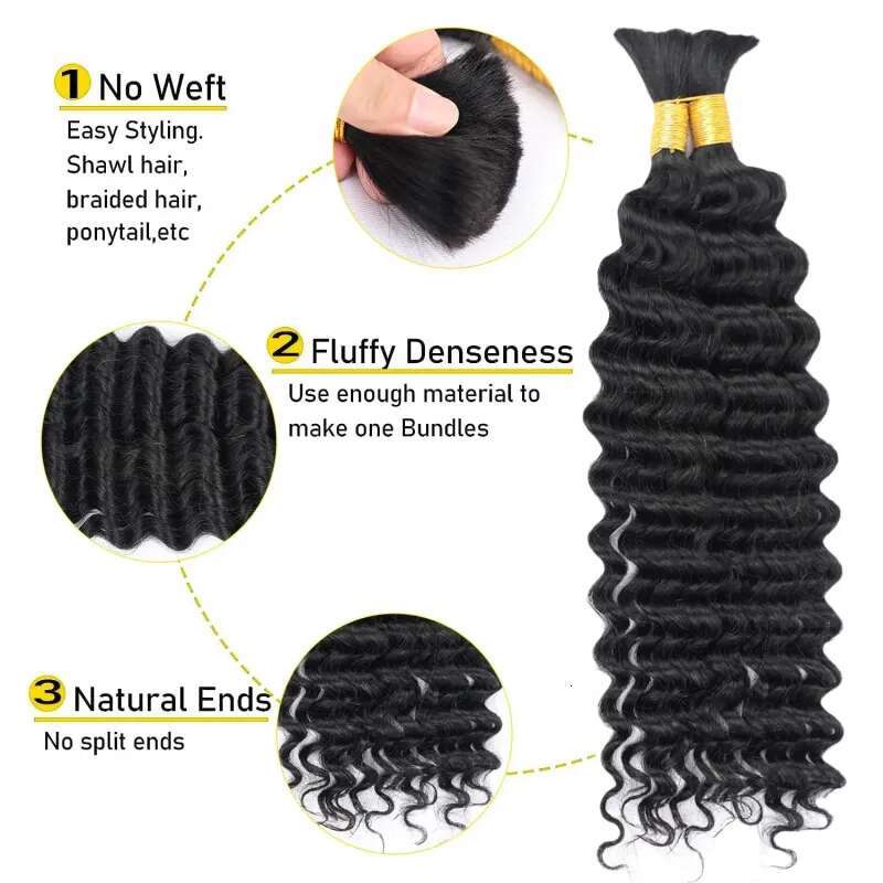 Deep Wave Bulk For 100G/Pack Wet And Wavy Human Braiding Hair Extensions Brazilian Virgin Curl synthetic