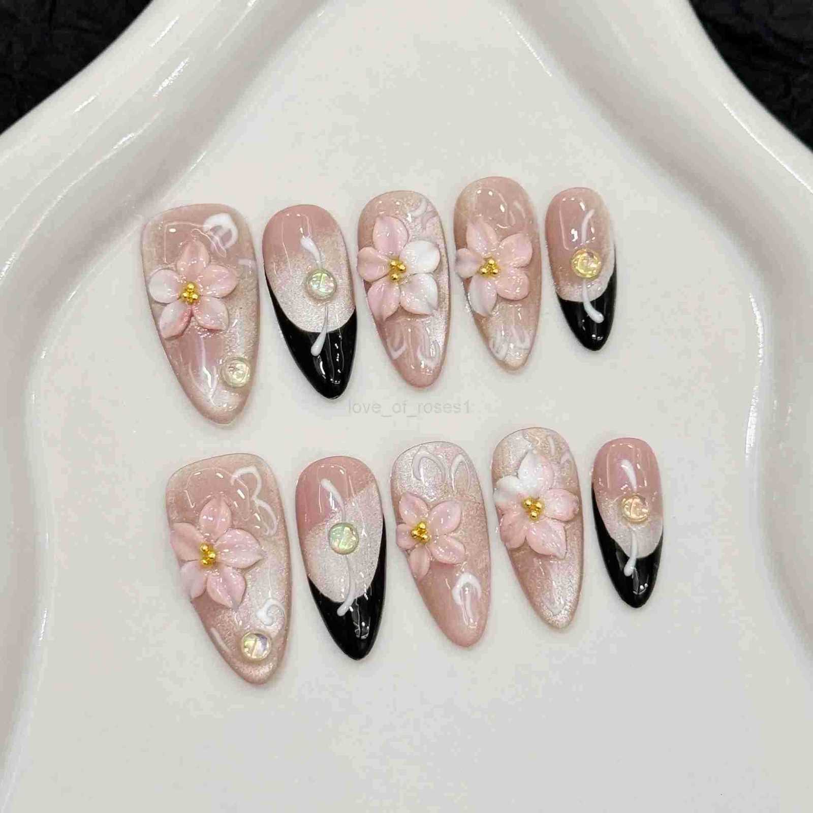 10pcs Gradient Black French Style Press On Nails Hand-carved Relief Flower Fake Nails Sweet Cool Almond Gradient Cat Eye False Nails Z250807