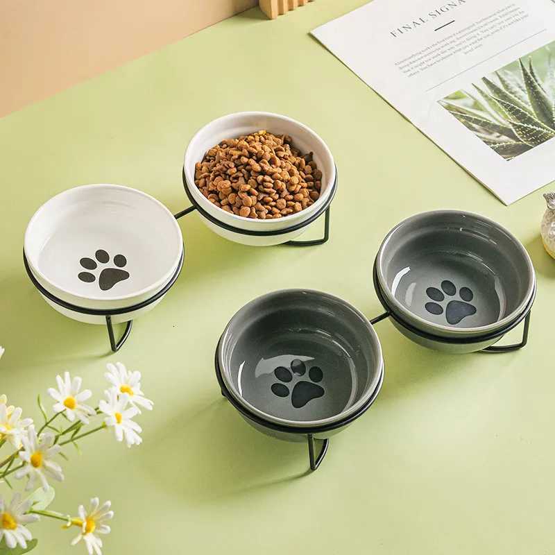Cute Paw Print Cat Bowl Cartoon Pet Ceramic Bowl Iron Frame Double Bowl Dog Cat Universal High Quality Non-slip Bowl Pet Feeder Y250806