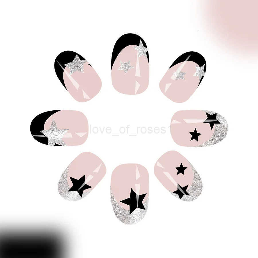 24pcs Short Oval Press-on Nails French Simple Glitter Black Five-Pointed Star Fake Nails for Women Girls Detachable Wearable Nails Z250807