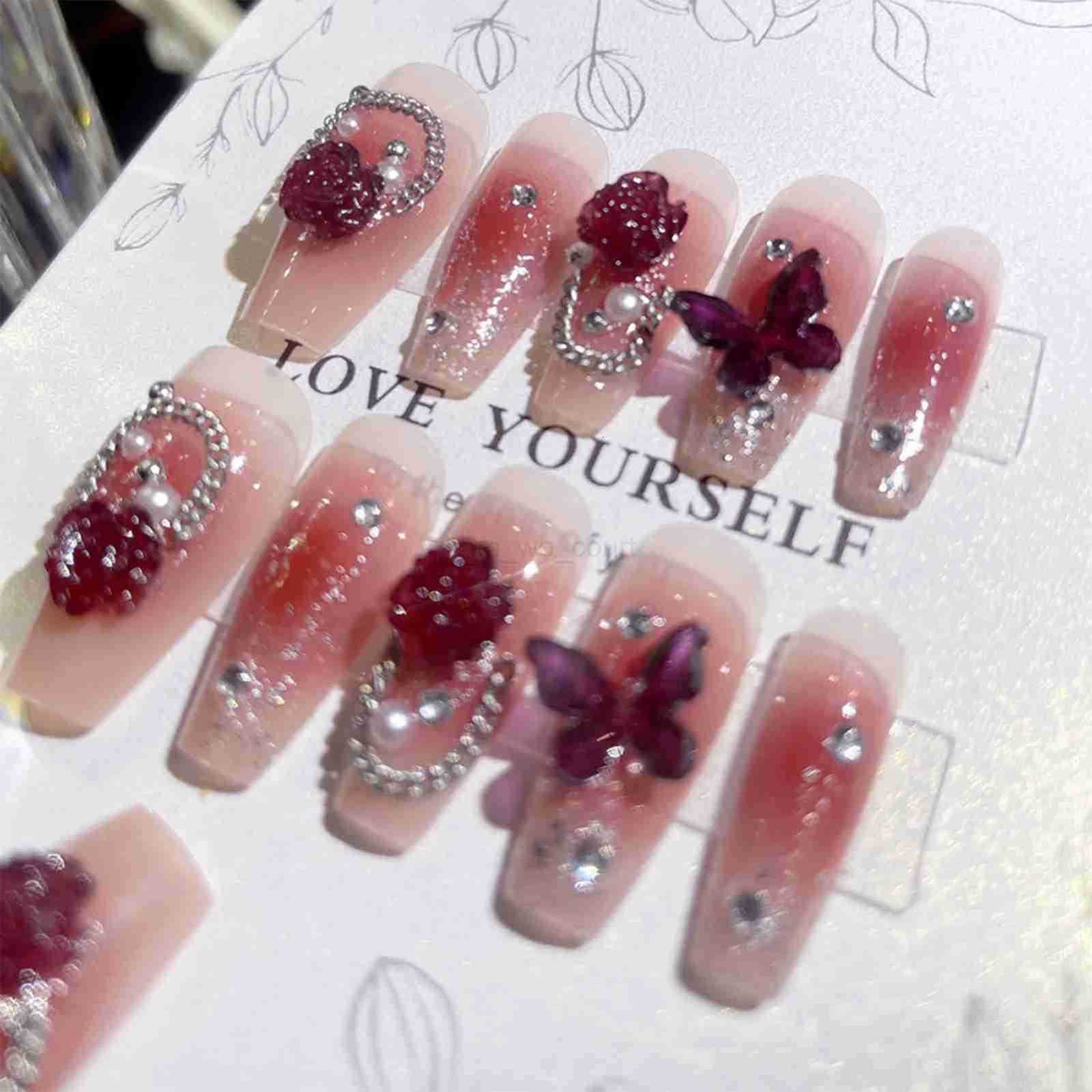 24pcs Y2K Style Gradient Red Color Fake Nails With 3D Butterfly Decorations Press On Nails For Women Manicure DIY Salon At Home M250807