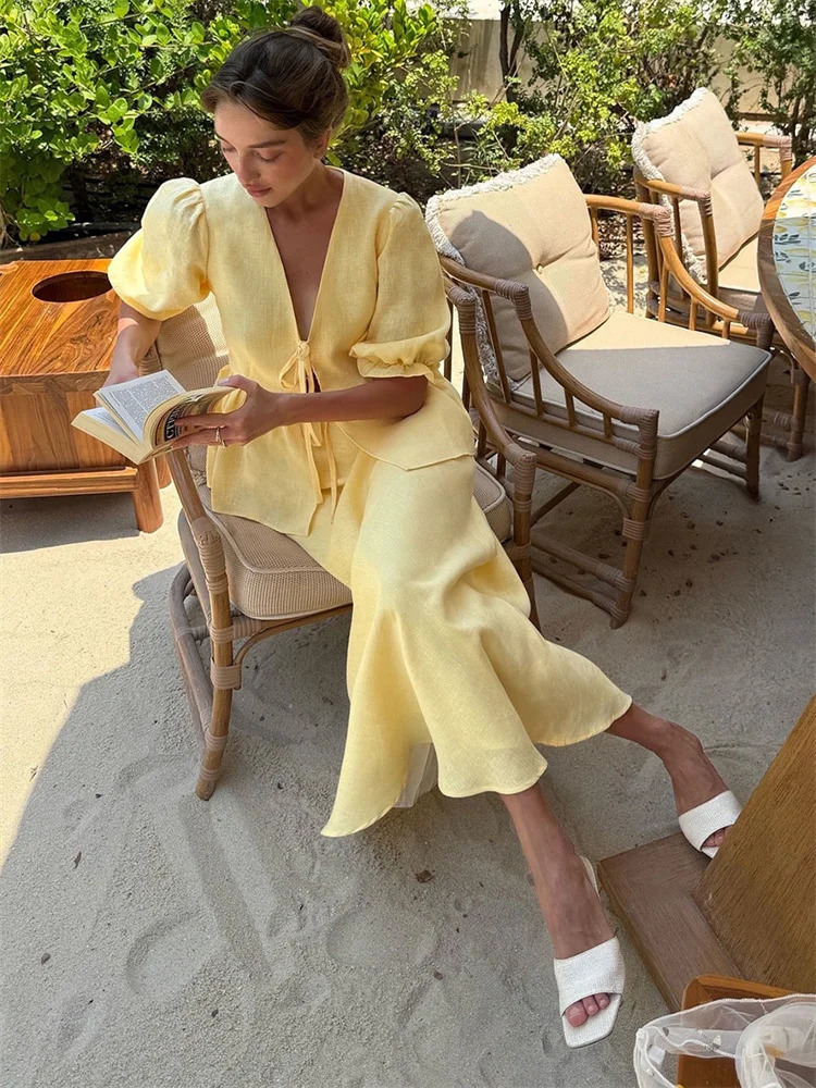 Tossy Summer Ruffled 2 Piece-Set Maxi Skirt For Women V-Neck Lace-Up Short Sleeve Shirts Top And Slim High Waist Long Skirt Sets 250804