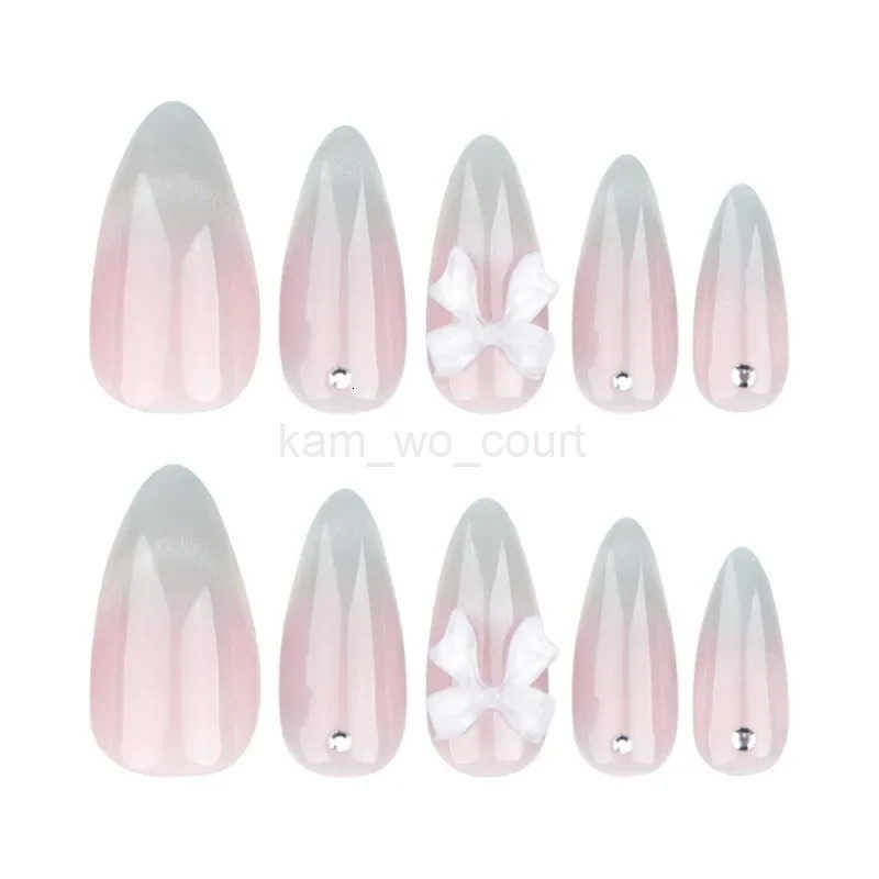 24pcs Sweet Cats Eye Almond French Press-On Nails with 3D Bow and Rhinestone Embellishments Full Coverage Fake Nails for Women M250807
