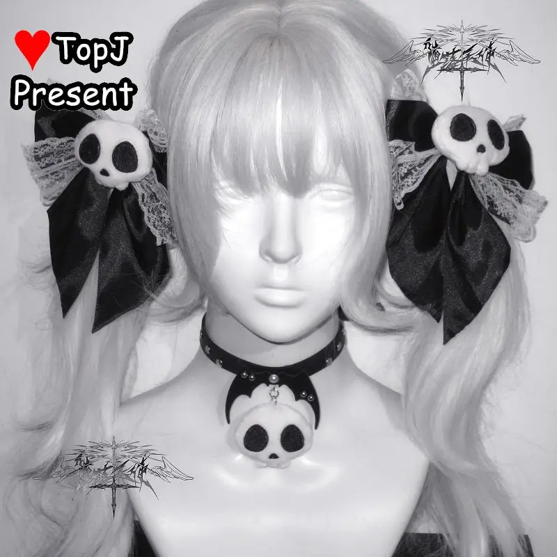 Subculture Women's Gothic Lolita Harajuku Y2K Girl fluffy Skull head Bow Christmas Gift Hairpin Clip Pins Hair accessorie choker 250730