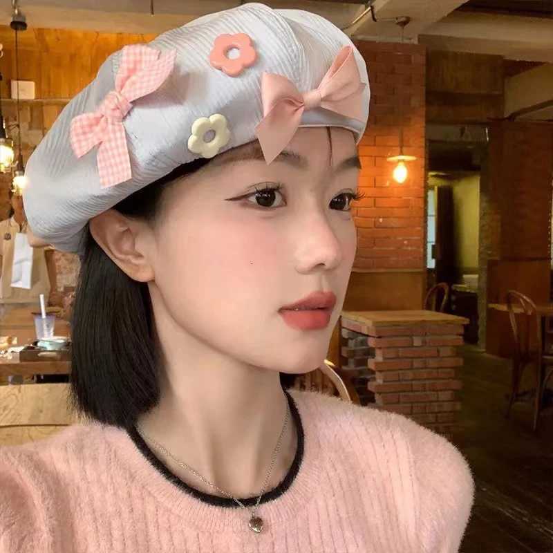 RICYGVM Korean Girl Beret Bow Flower Button Decor Octagonal Hat Japanese Artist Painter C Sweet Women Berets Beanies Bonnet Hat XJ250807