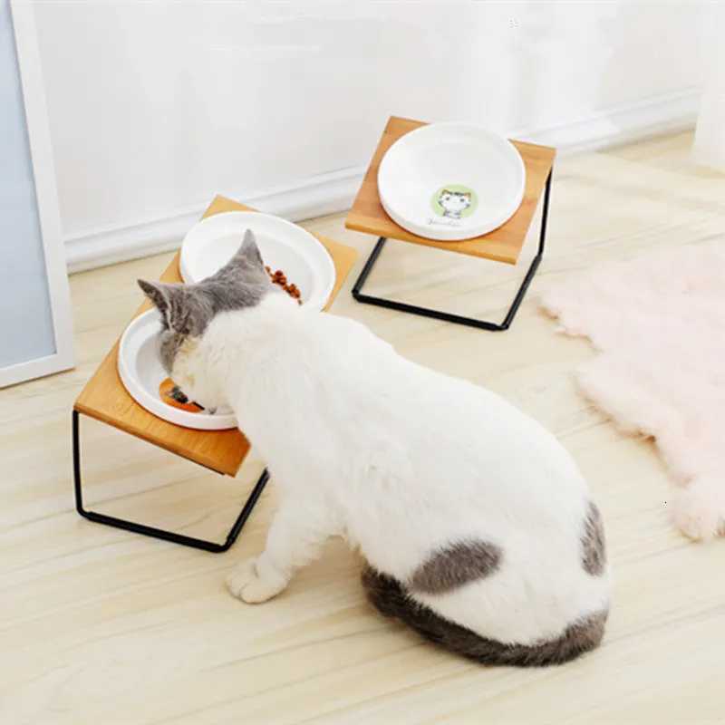 Cute Cat Bowl High-end Pet Bowl Bamboo Shelf Ceramic Feeding and Drinking Bowls for Dogs and Cats Pet Feeder Dog Double Bowls Y250806