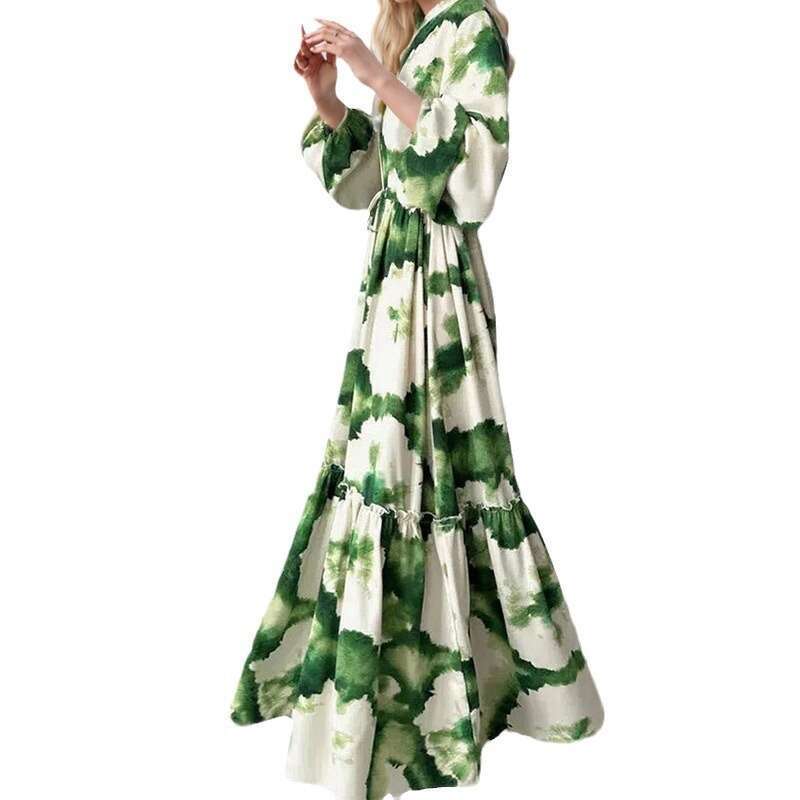 New Women's Fashion Personality Print V-Neck Flared Dress B5 h7